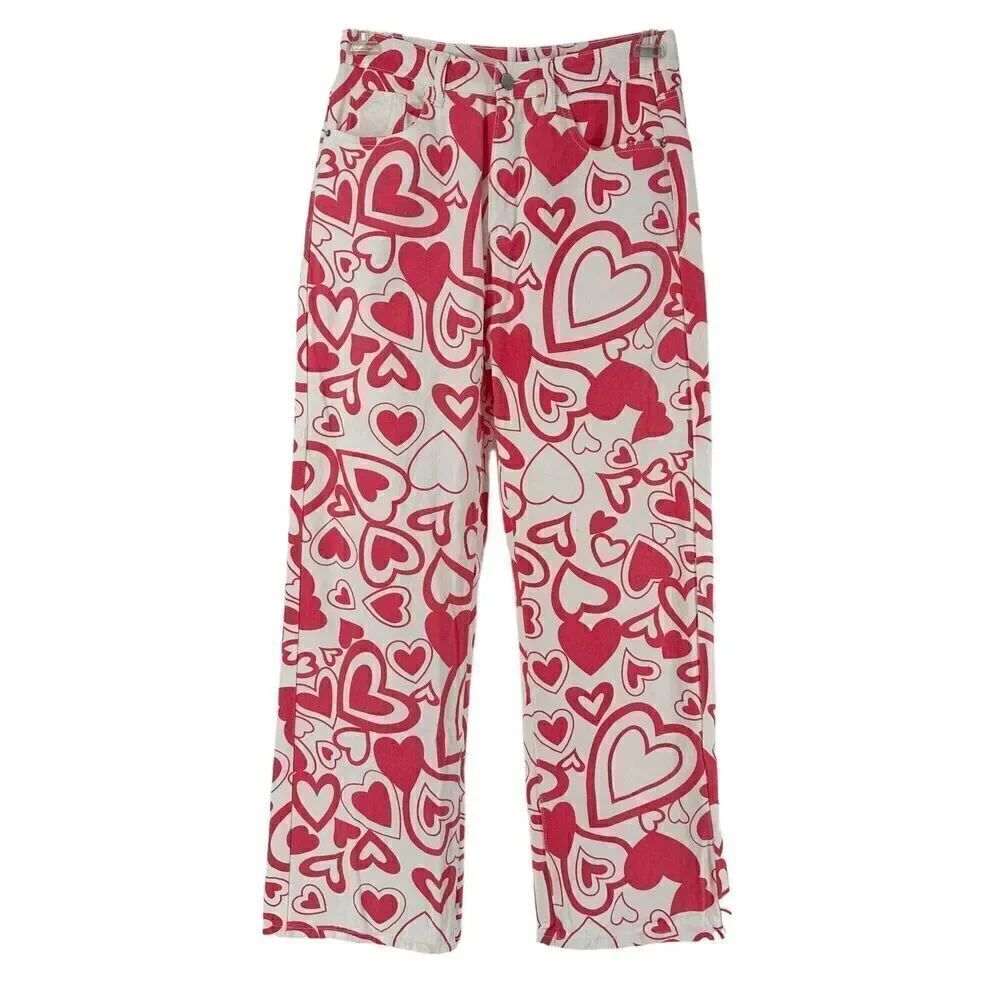 Heart Print Jeans High Rise Wide Straight Leg Pink Valentines Love Size M Shein